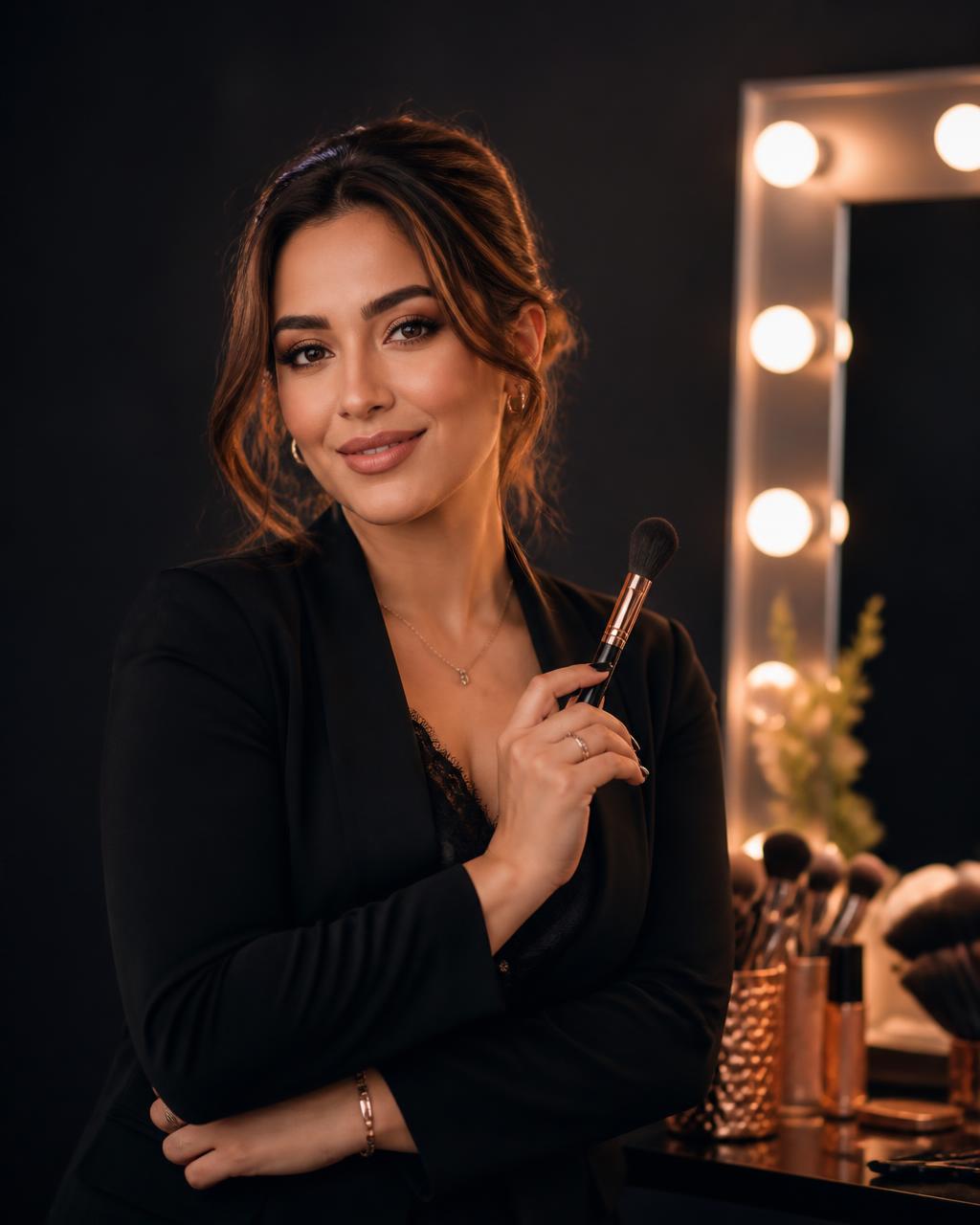 Ananya, bridal and editorial makeup artist, holding a brush in her studio