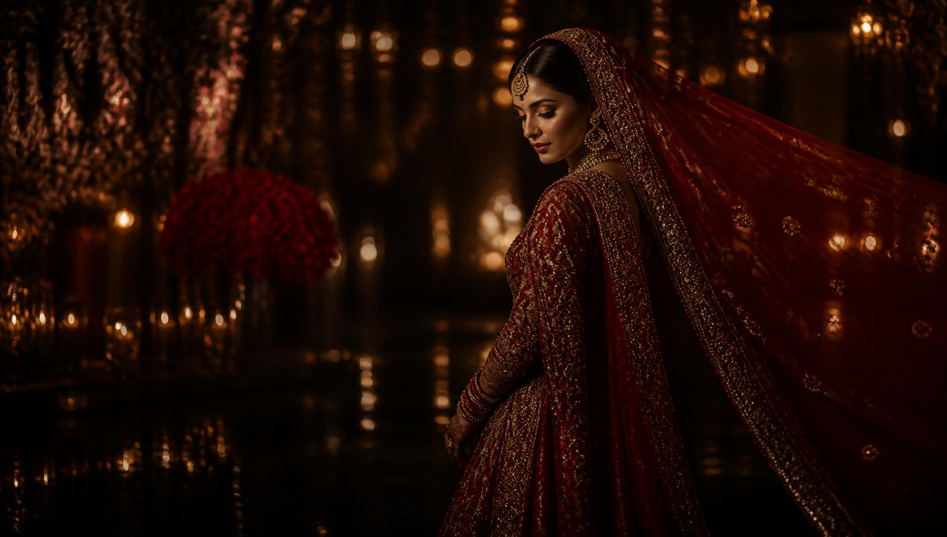 Bride in a red and gold lehenga lit by candlelight